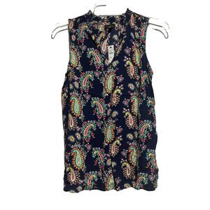 Talbots  Blouse Top XS Navy Multi Paisley‎ Floral Sleeveless Split Neck New
